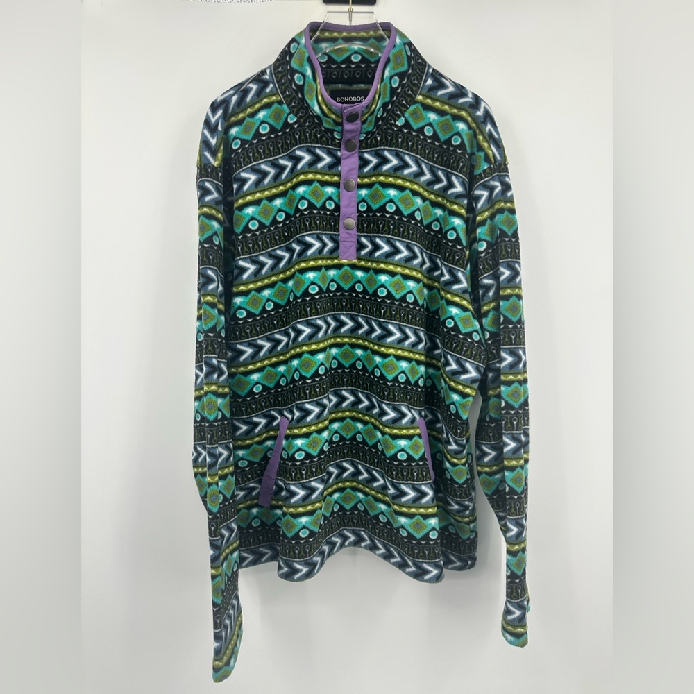 Bonobos Fleece Pullover 1/4 Snaps Najaho Print Purple Green Black Men’s XL